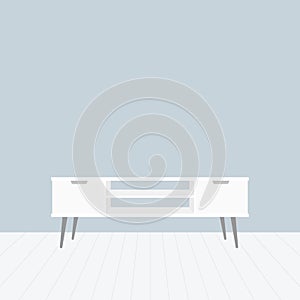 Nordic tv stand in modern empty room. Empty clean wall and wooden floor. Minimal living room. Home interior. Vector illustration,