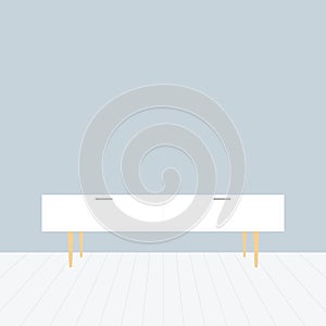 Nordic tv stand in modern empty room. Empty clean wall and wooden floor. Minimal living room. Home interior. Vector illustration,