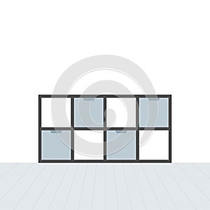 Nordic tv stand in modern empty room. Empty clean wall and wooden floor. Minimal living room. Home interior. Vector illustration,