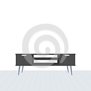 Nordic tv stand in modern empty room. Empty clean wall and wooden floor. Minimal living room. Home interior. Vector illustration,