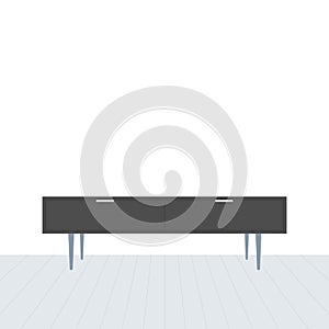 Nordic tv stand in modern empty room. Empty clean wall and wooden floor. Minimal living room. Home interior. Vector illustration,