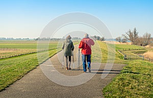 Nordic walkers on the top of a Dutch dike