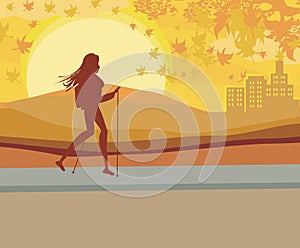 Nordic walking - active woman exercising outdoor