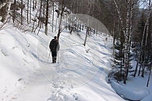 Nordic Walking - adult man hiking on snow in winter