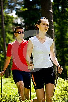 Nordic walking in forest