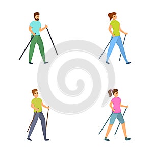 Nordic walking icons set cartoon vector. People doing nordic walking