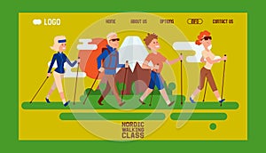Nordic walking people landing page leisure sport time vector illustration. Active nordwalk sport man and woman exercise