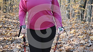 Nordic walking. Recreational activity with nordic walking poles by chubby woman in autumn red and yellow park