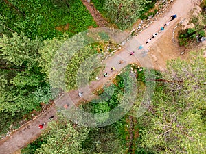 Nordic walking, senior active elderly people involved in sports go outdoor park. Aerial top view