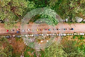 Nordic walking, senior active elderly people involved in sports go outdoor park. Aerial top view