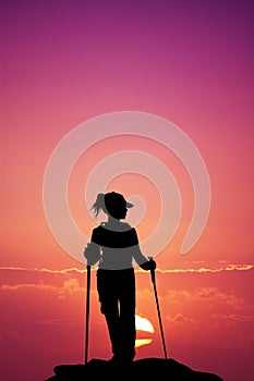 Nordic walking silhouette at sunset