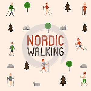 Nordic walking sport people leisure sport time vector illustration. Active nordwalk man and woman summer exercise