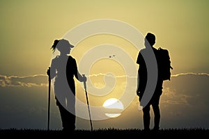 Nordic walking at sunset