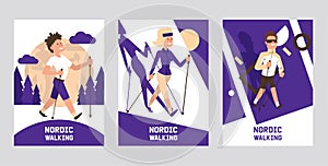 Nordic walking supplies people leisure sport time cards vector illustration. Active nordwalk man and woman summer