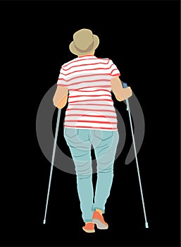 Nordic walking vector illustration isolated on black background. Senior person hiking outdoor in park