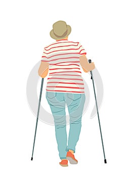 Nordic walking vector illustration isolated on white background. Senior person hiking outdoor in park.