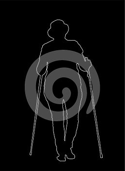 Nordic walking vector silhouette illustration isolated on black background. Senior person hiking outdoor in park
