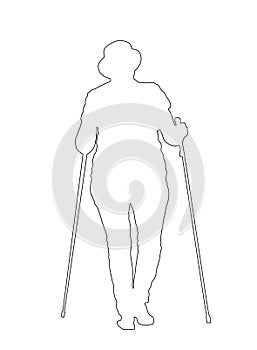 Nordic walking vector silhouette illustration isolated on white background. Senior person hiking outdoor in park.