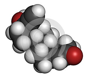 Norethisterone (norethindrone) progestogen hormone drug. Used in contraceptive pills and for a number of other indications. Atoms