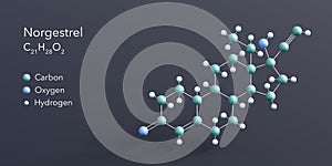 norgestrel molecule 3d rendering, flat molecular structure with chemical formula and atoms color coding