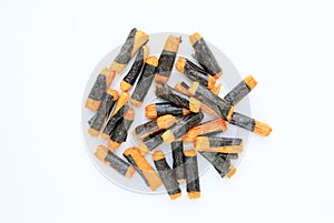 Nori maki arare japanese rice crackers in seaweed on white background