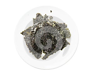 Nori Pieces Isolated, Dried Aonori Seaweed Flakes, Dry Sea Weed Torn Sheet, Seaweed Crumbles, Nori Pieces on White