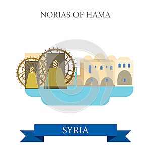 Norias of Hama Syria vector flat attraction travel sightseeing