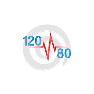 Normal blood pressure 120 to 80 logo and pulse line, hypotension or hypertension medical icon photo