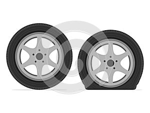 Normal and flat tire. Deflated automobile tire. Punctured wheel of car. Tire service station garage. Vector illustration