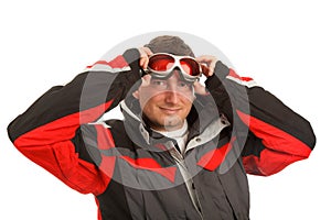 Normal man in ski goggles and ski jacket