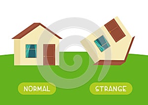 NORMAL and STRANGE antonyms word card vector template