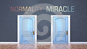 Normality and miracle as a choice - pictured as words Normality, miracle on doors to show that Normality and miracle are opposite