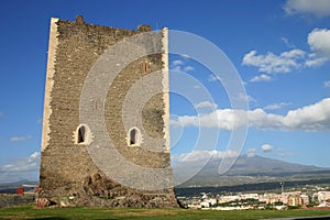 Norman castle in Sicily and volcano Etna