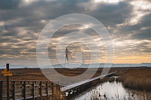 Normandy Bridge over river Seine near Le Havre city, France