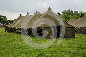 Normandy, France; 4 June 2014: View of recreation camp in Normandy for the 70th anniversary with vehicles and tents