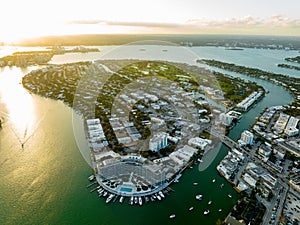 Normandy Isles Miami Beach at sunset. Aerial drone photo showing condominiums and Biscayne Bay