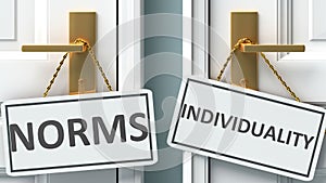 Norms or individuality as a choice in life - pictured as words Norms, individuality on doors to show that Norms and individuality
