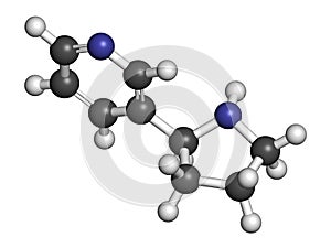 Nornicotine alkaloid molecule. Related to nicotine and also found in Nicotiana plants. 3D rendering. Atoms are represented as