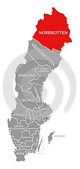 Norrbotten red highlighted in map of Sweden