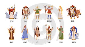 Norse gods and goddesses set. Germanic pagan deities, nordic mythology. Ancient Loki, Thor, Odin, Frigg, Idun from