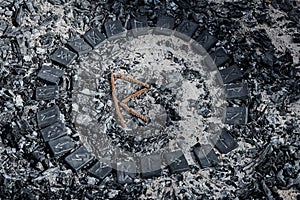 Norse rune Raidho on ashes backgorund inside the circle of 24 Norse runes.