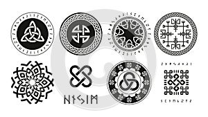 Norse runic logo. Scandinavian pagan esoteric religion symbols, viking protection rune triquetra yggdrasil vegvisir