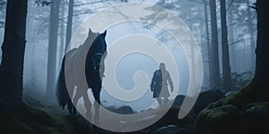 A norse scandinavian god Vidar walking a wolf-horse through a forest. Generative AI image.