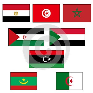 North Africa flag rectangle proportional vector icon set authentic colors of Morocco, Tunisia, Algeria, Libya, Egypt, Western Saha