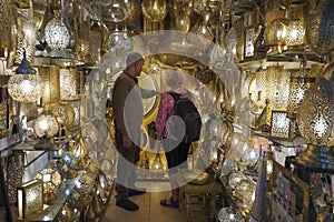 Morocco. Marrakesh. A copper lighting shop in the souks of the medina