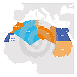 North Africa Region. Map of countries in northern Africa. Vector illustration