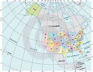 North America administrative vector map with latitude and longitude