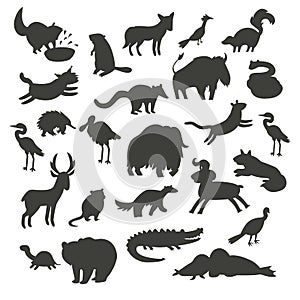 North America animals silhouettes, isolated on white background vector illustration. Black contour big vector set