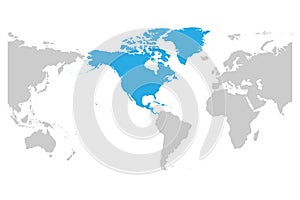 North America continent blue marked in grey silhouette of America centered World map. Simple flat vector illustration