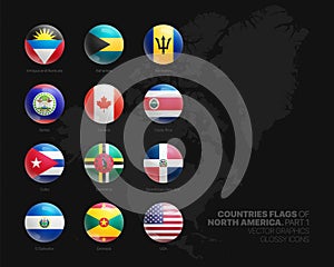 North America Countries Flags Vector 3D Glossy Icons Set Isolated On Black Background Part 1